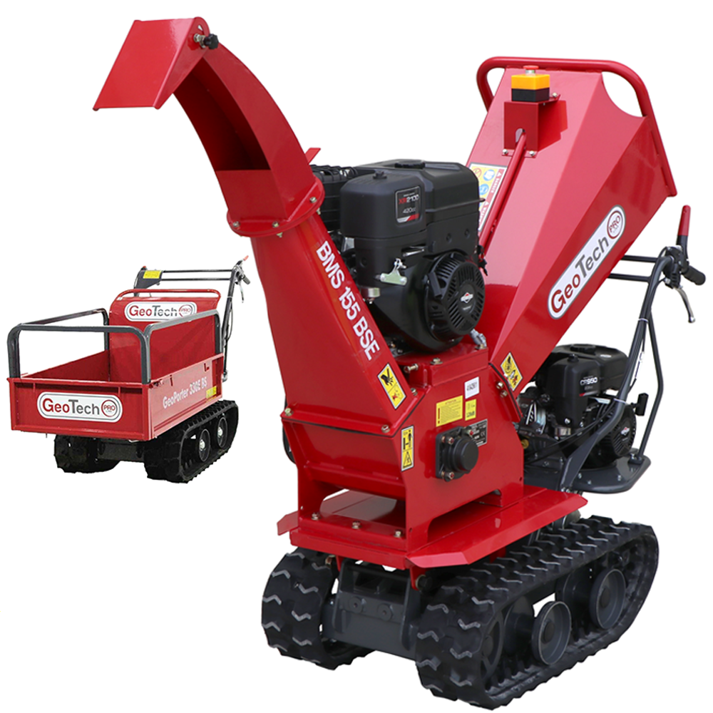 geotech pro bms155 bs häcksler mit raupenantrieb und motorschubkarre b&s xr2100 motor