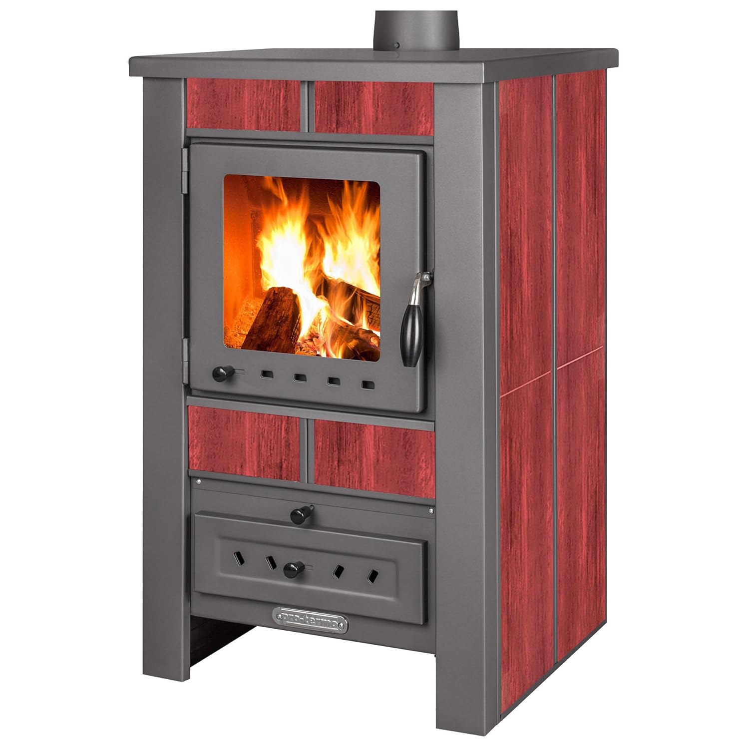 ProTermo Alpina G Rot Kaminofen mit Schamottstein - 8 kW Heizleistung - Kaminofen Holzofen mit Sichtfenster